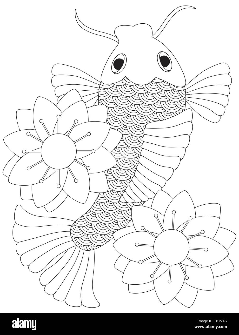 Japanese Koi Fish or Chinese Carp with Lotus Flower Line Art Illustration Isolated on White Background Stock Photo