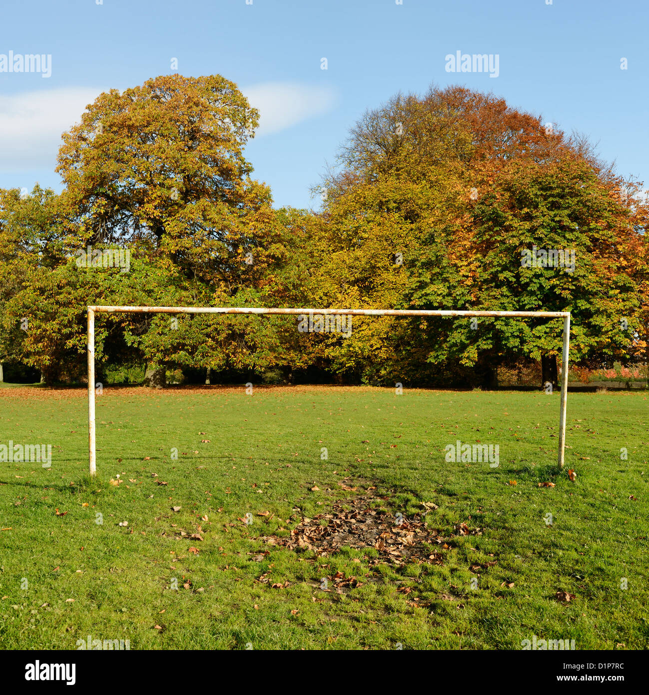 Old football goal posts in a park Stock Photo Alamy