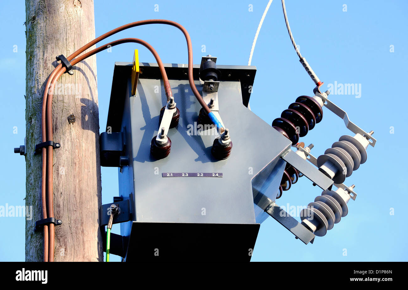 11 KV pole mounted two phase transformer with ceramic insulators and uninsulated conductors. Two core secondary output. Stock Photo