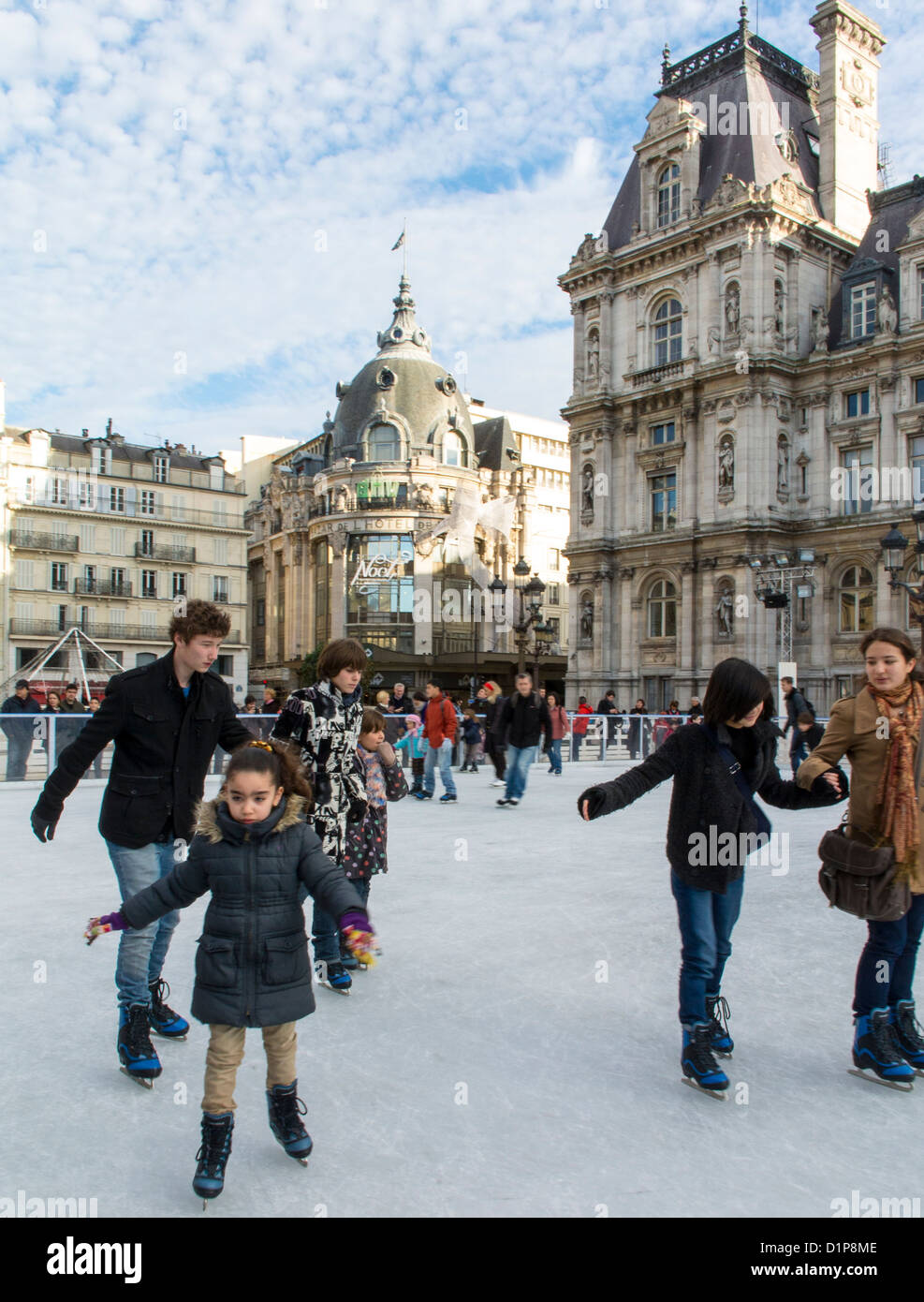 Paris, France, crowd street city People Ice Skating on Skating Ring