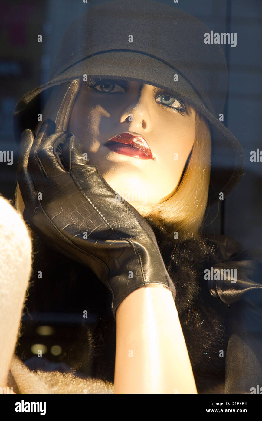 portrait close up of Manikin in window mannequin doll woman female displayed in window store