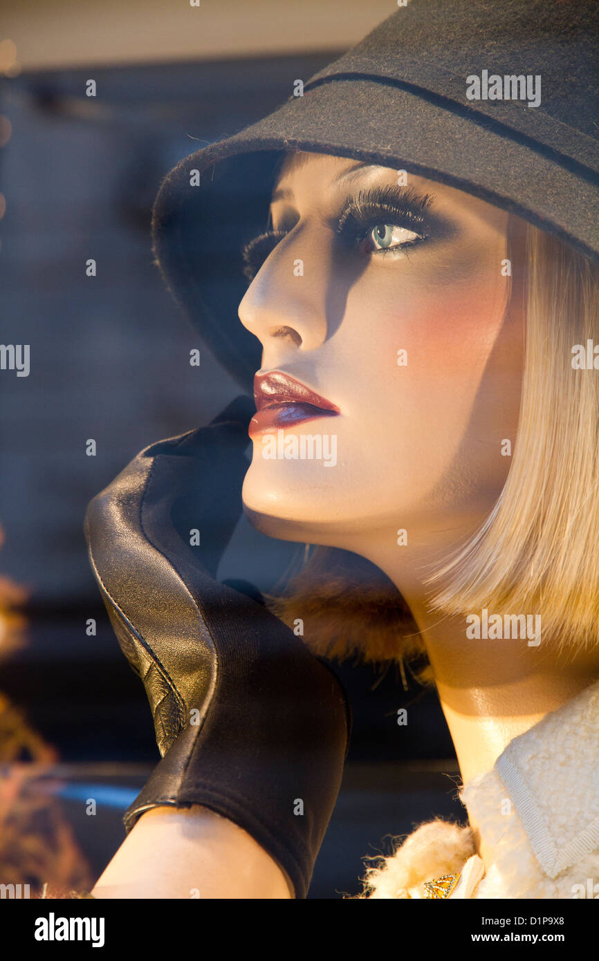 portrait close up of Manikin in window mannequin doll woman female displayed in window store