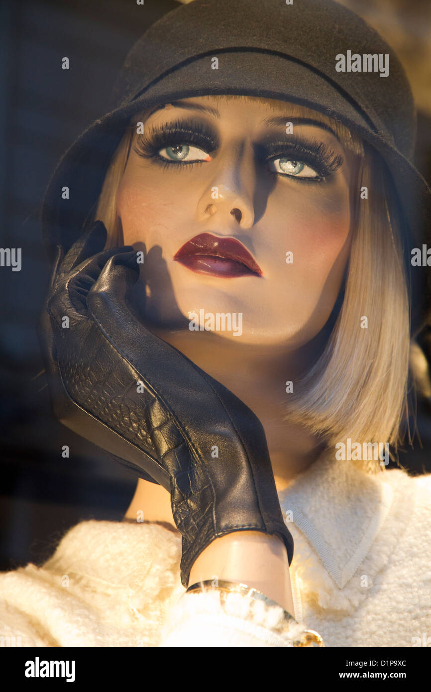 portrait close up of Manikin in window mannequin doll woman female displayed in window store