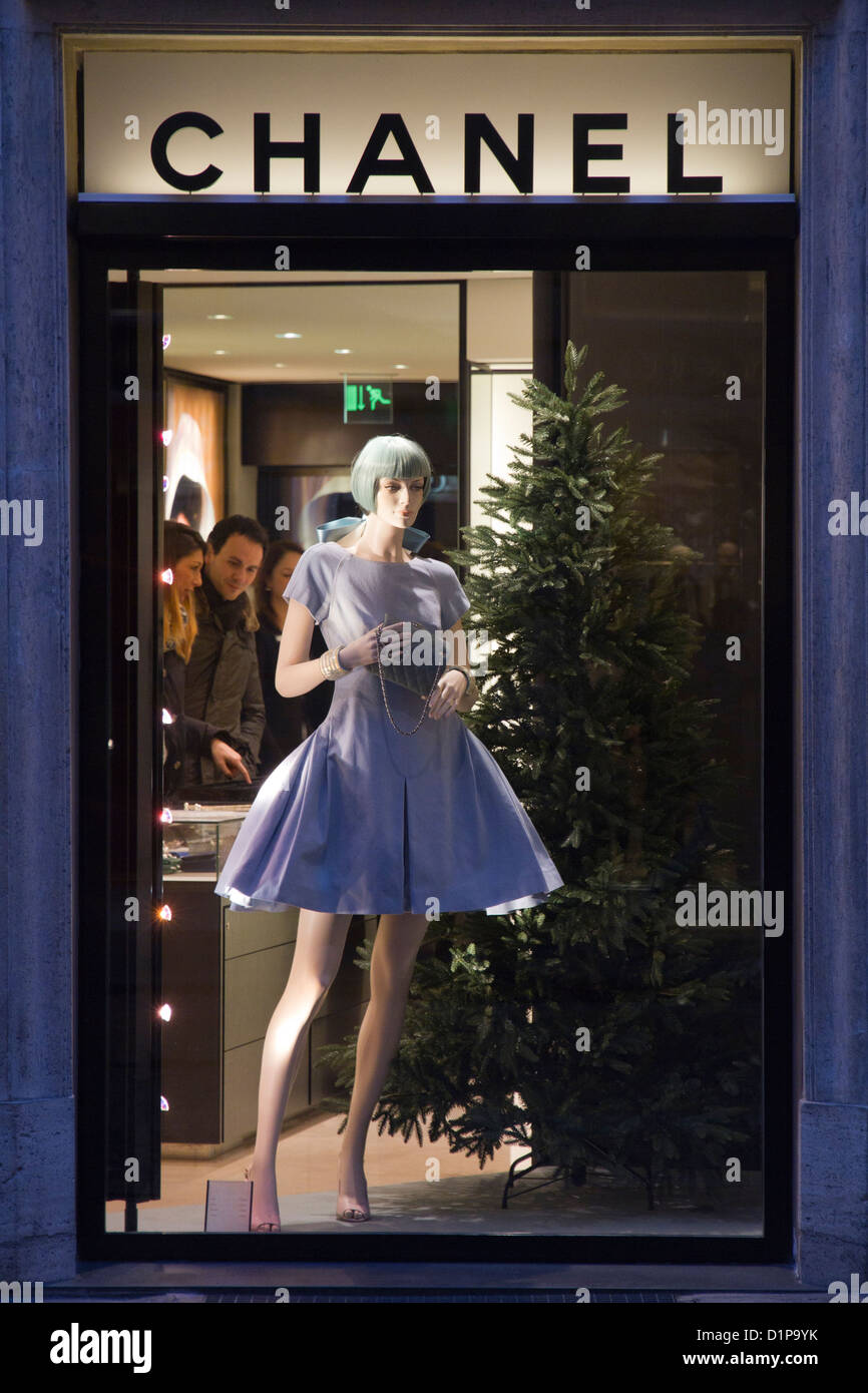 Manikin in window Chanel store window showcase logo Via Condotti Rome Italy shopping Stock Photo
