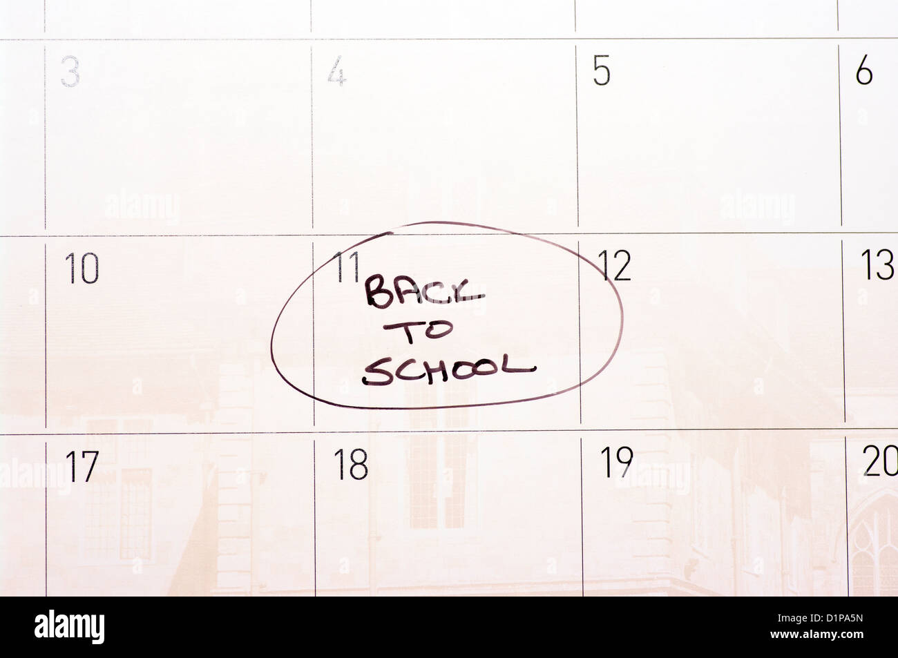 Back To School Reminder Circled On A Calendar Stock Photo