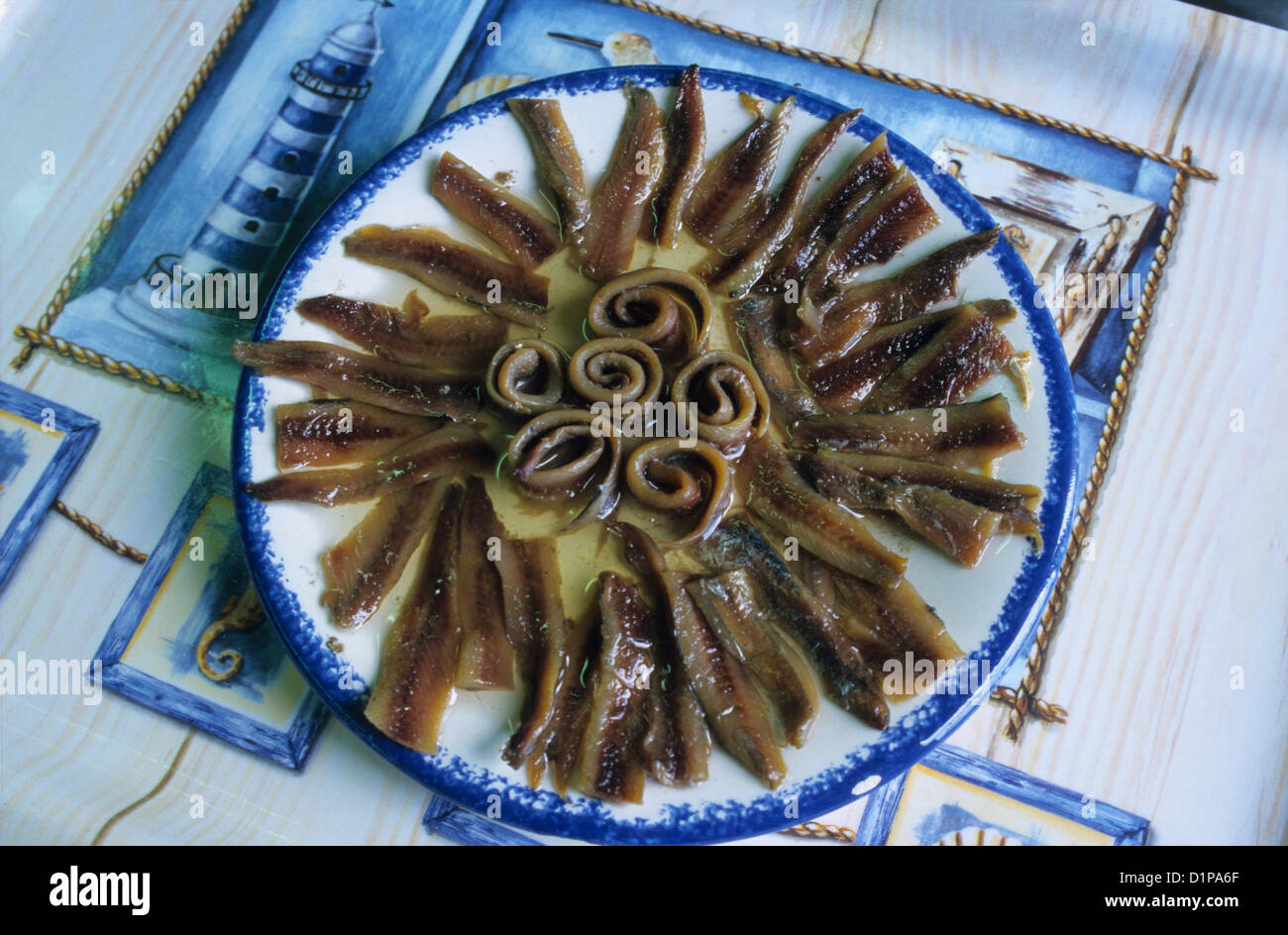 Plate of salty anchovies (Engraulis encrasicolus), Collioure, Eastern