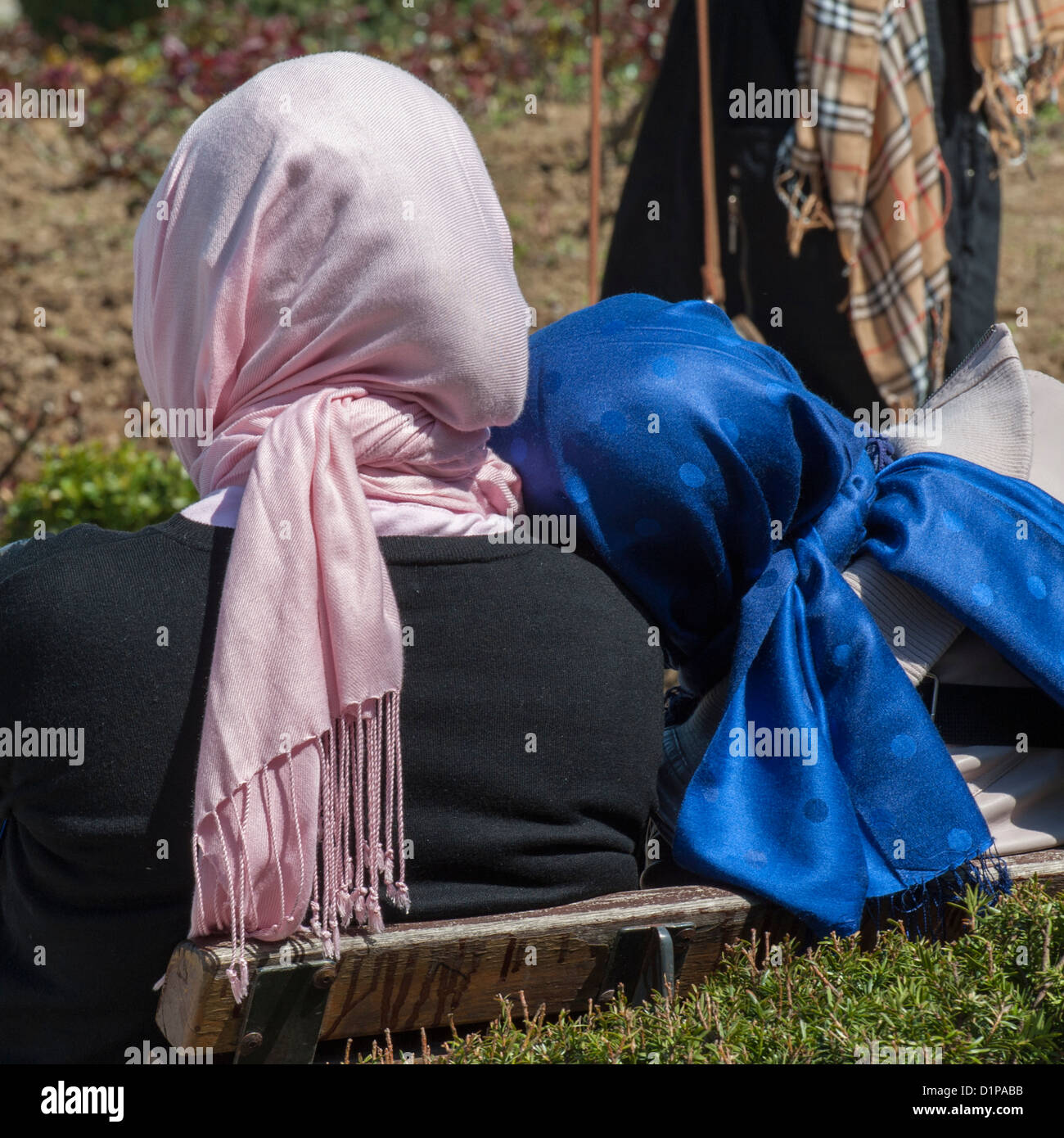 Rear view of two women resting on a bench, Sultanahmet, Istanbul ...