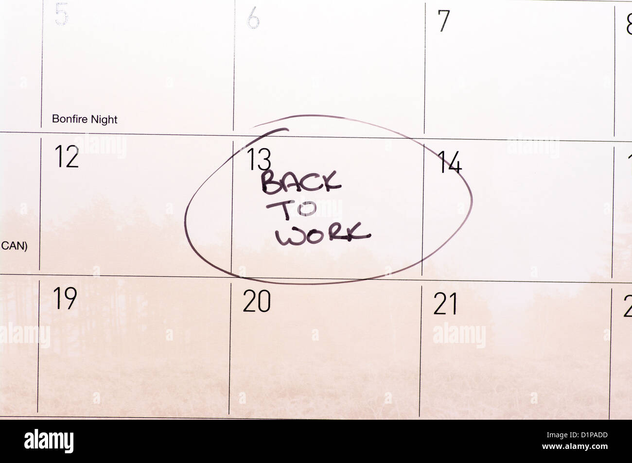 Back To Work Reminder Circled On A Calendar Stock Photo - Alamy