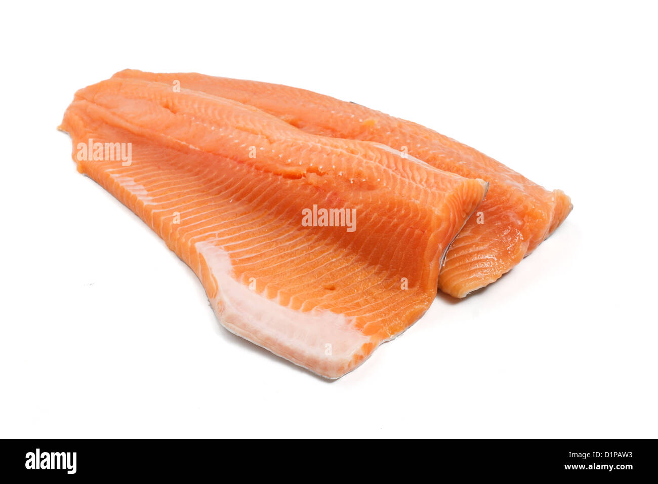 two salmon trout fillets over white background Stock Photo