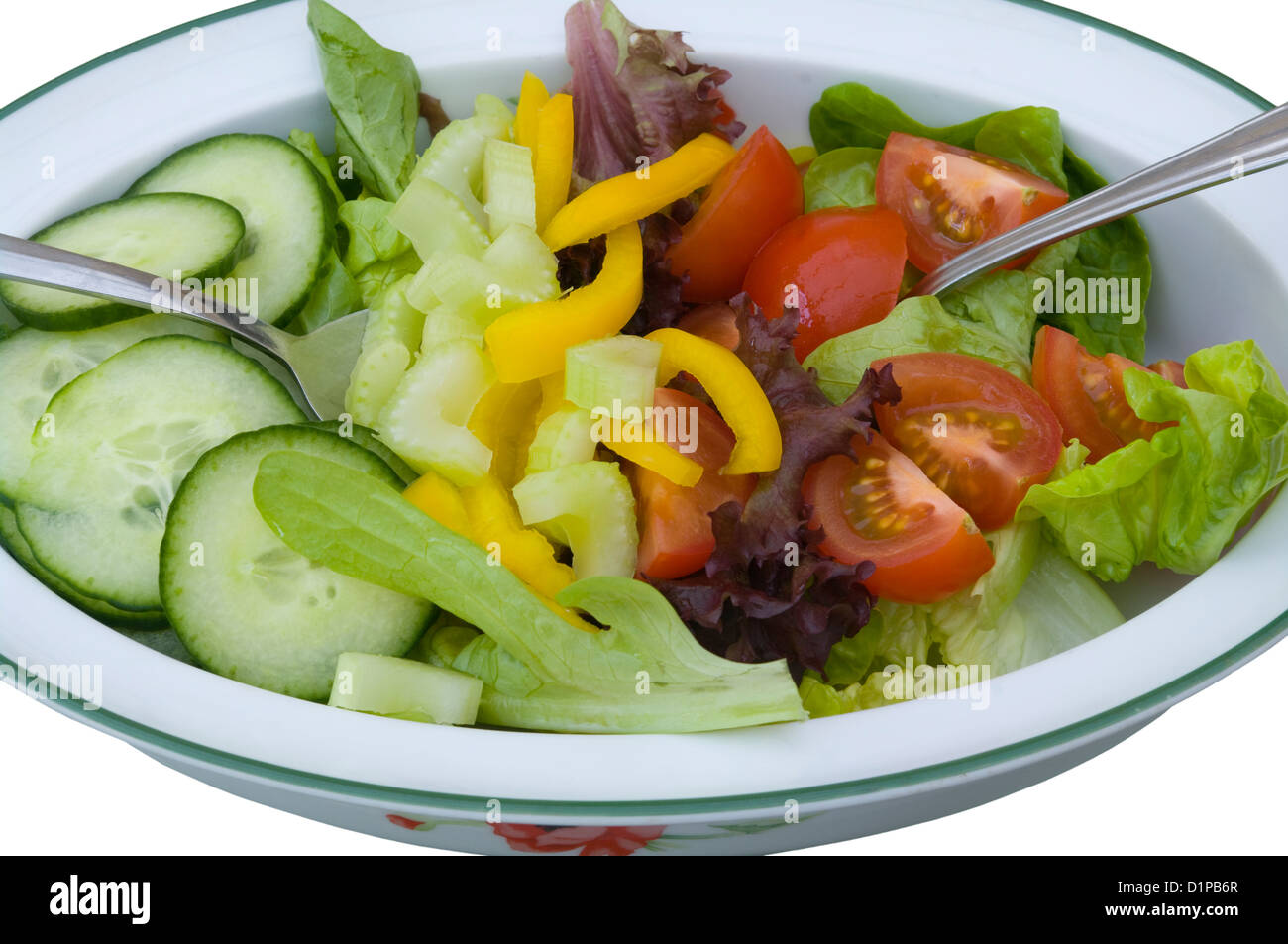 Fresh Salad In a Bowl With 2 Metal Serving Spoons Stock Photo Alamy