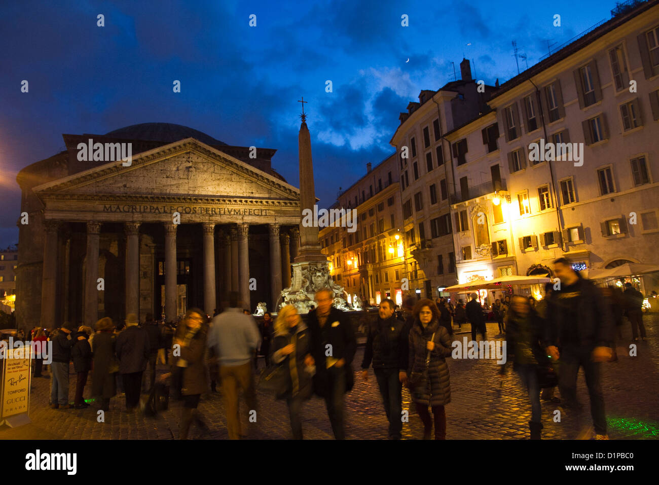 Pantheon square Rome Italy people walking at night  lights Stock Photo