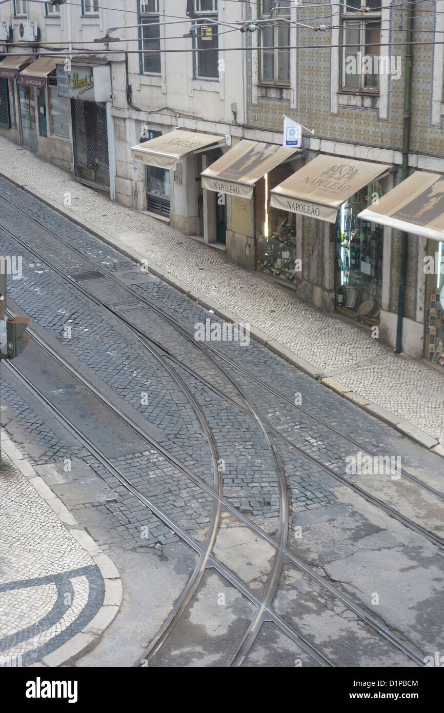 lisbon portugal street scene tram tracks 28 Stock Photo