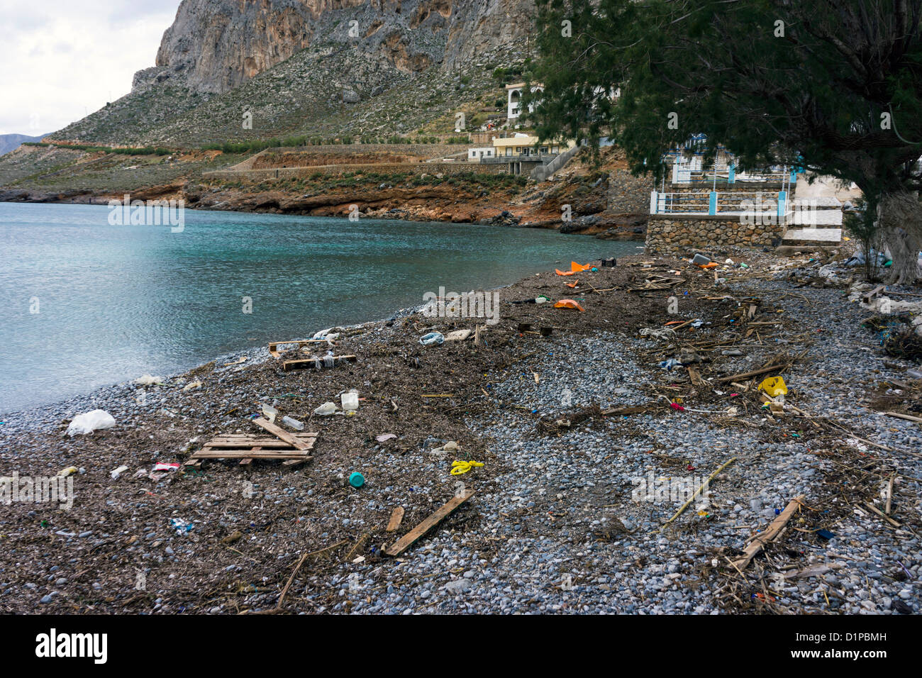 Rubbish garbage litter on beach,Kalymnos Greece Stock Photo