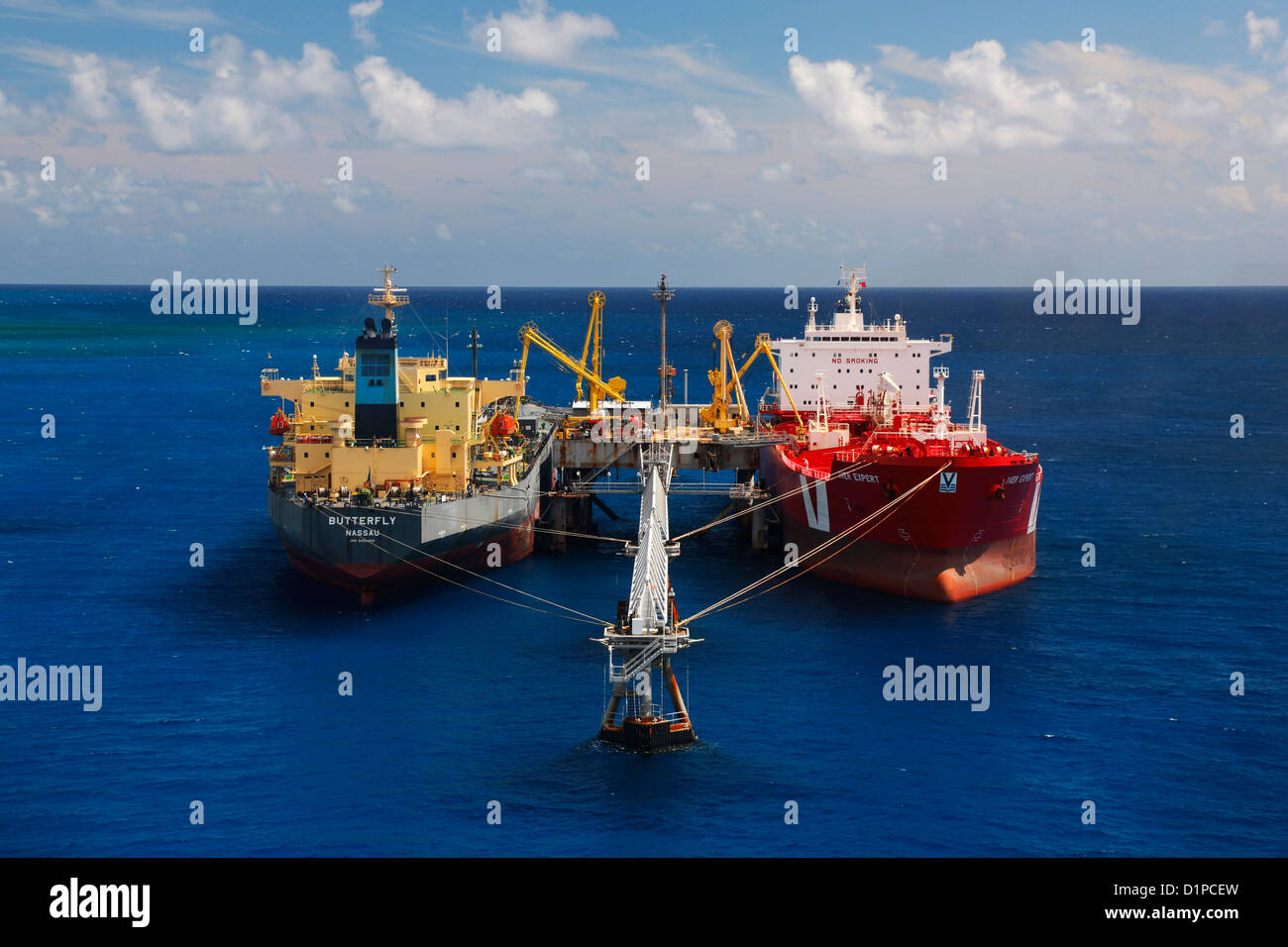 Tanker loading oil in Freeport Bahamas Stock Photo