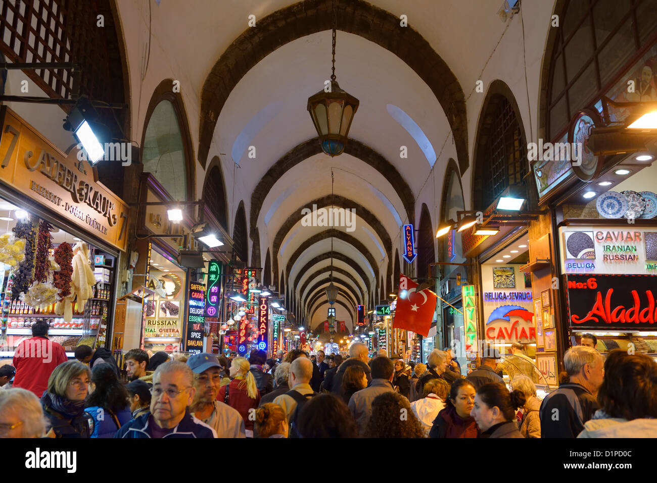 Crowd of tourists in the indoor Egyptian Spice Bazaar Istanbul Turkey Stock Photo
