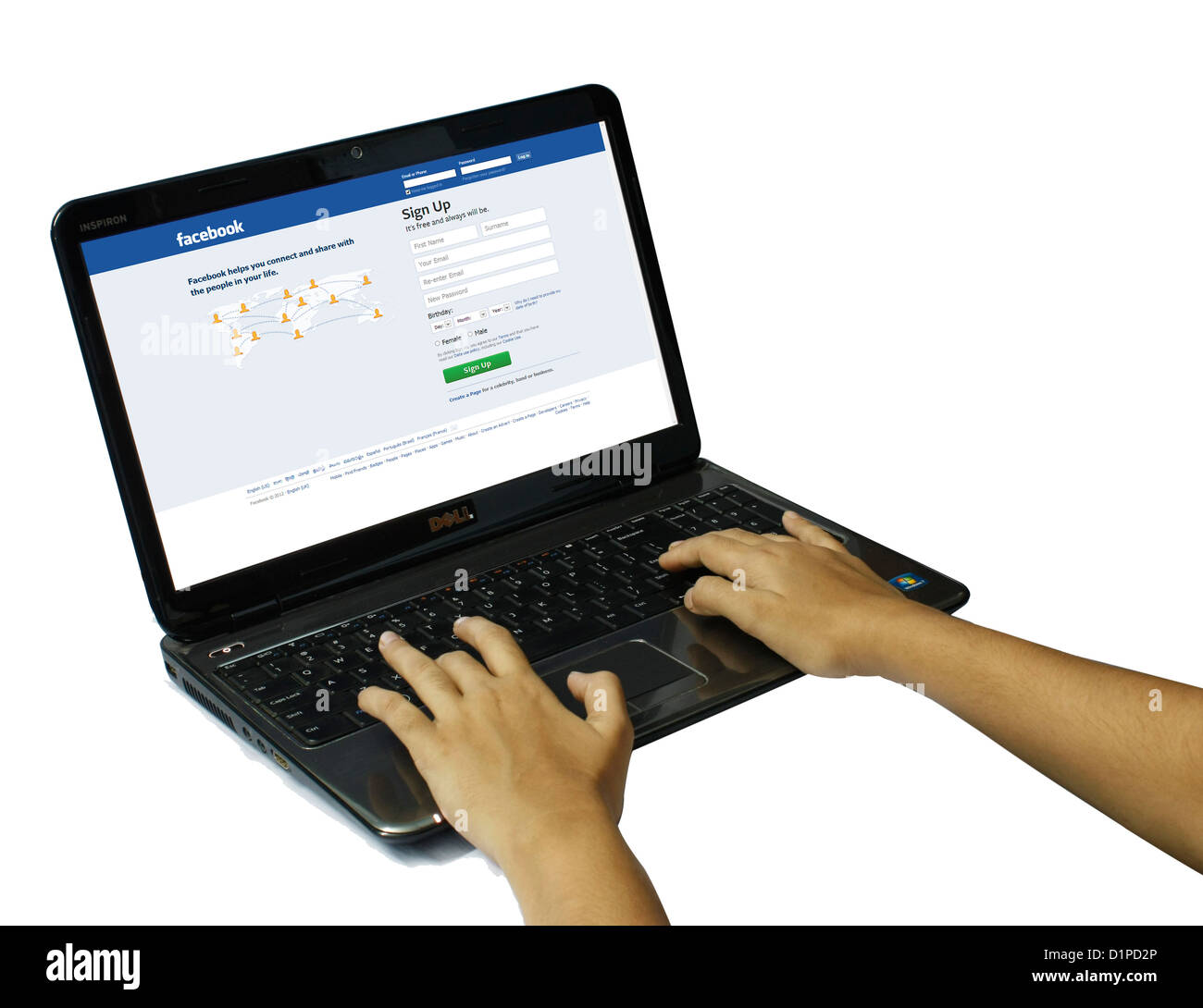 A person using a laptop computer isolated on white background Stock ...