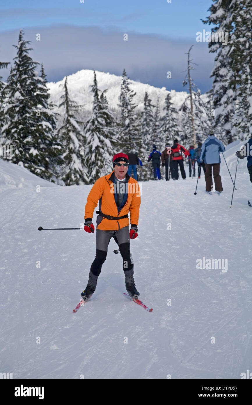 A nordic skier skate skis at Mount Bachelor Nordic Skiing area, central