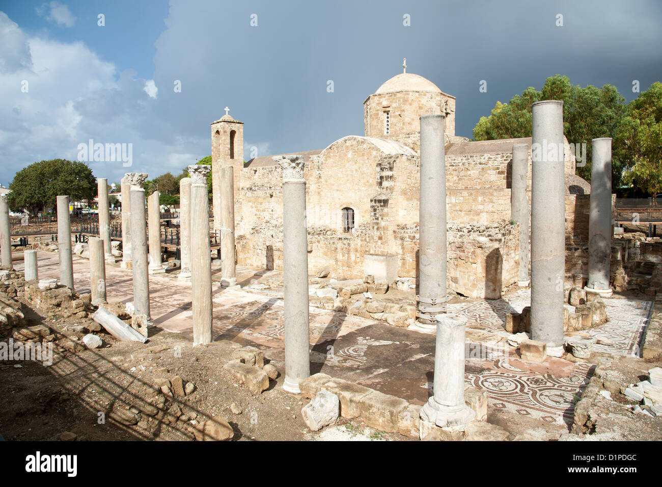 Kyriaki Church and ancient remains Paphos Cyprus early Christian Basilica courtyard Kato Pafos Stock Photo