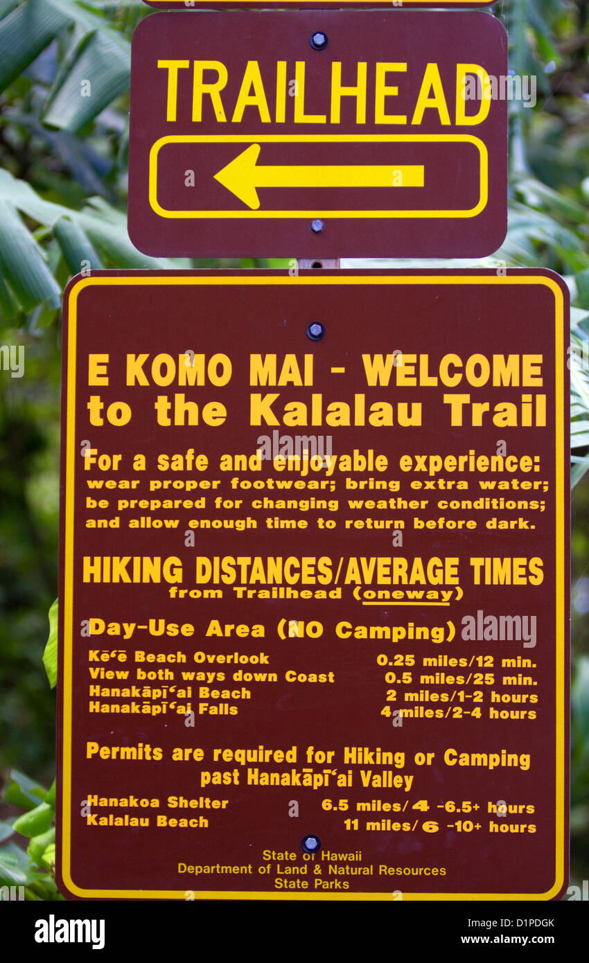 Kalalau trail head sign marking a trail along the Na Pali Coast on the island of Kauai, Hawaii, USA. Stock Photo