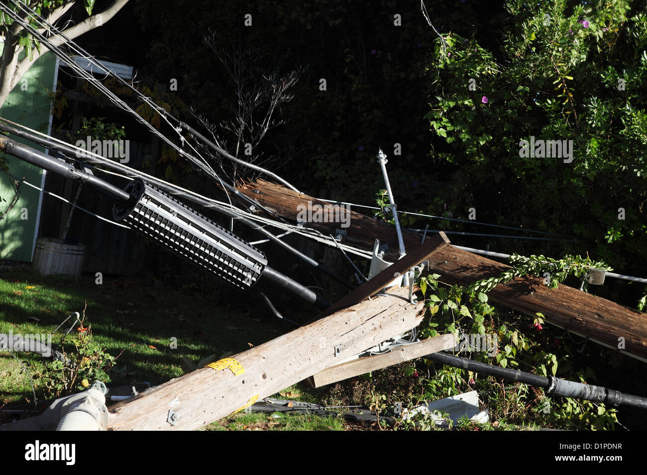 fallen utility poles in a suburban front yard Stock Photo Alamy