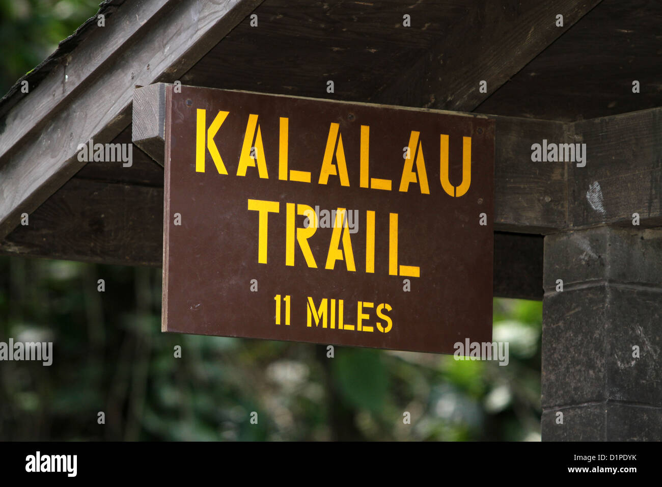 Kalalau trail head sign marking a trail along the Na Pali Coast on the island of Kauai, Hawaii, USA. Stock Photo