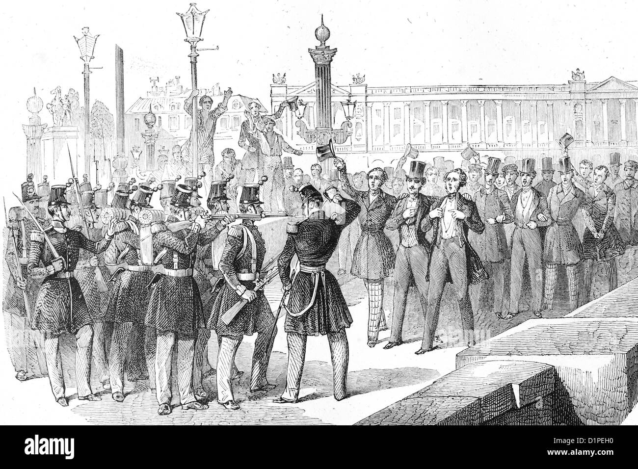 French revolution, 1848. The army hesitates. Antique illustration, 1856. Stock Photo