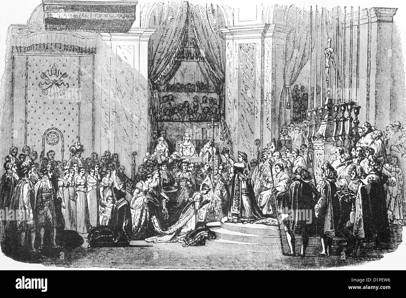Coronation of French emperor Napoleon I in Notre Dame, Paris. 2 December 1804. Antique illustration, 1856. Stock Photo