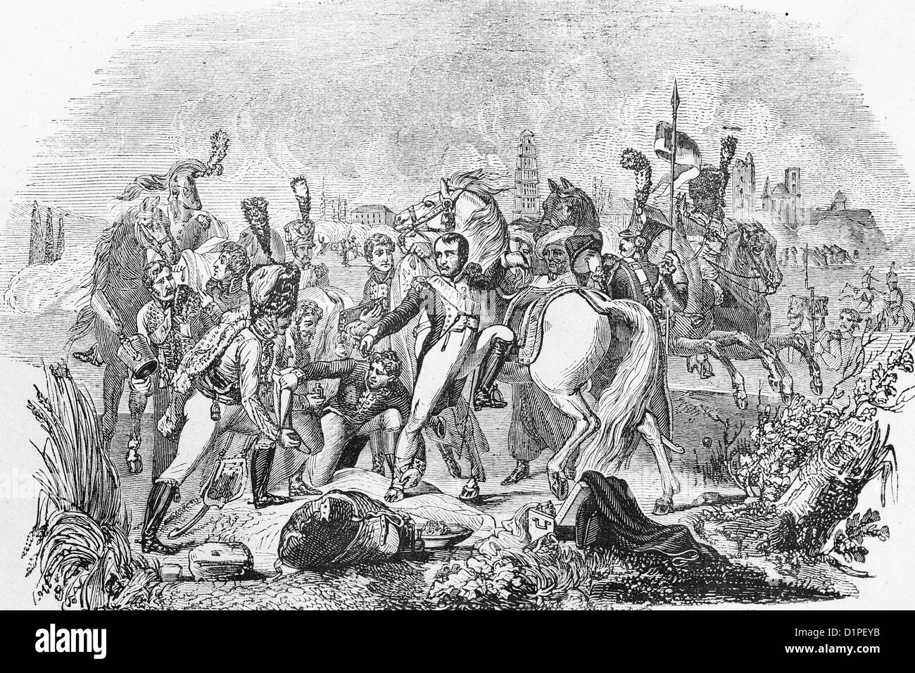 Napoleon is wounded in front of Ratisbonne or Regensburg (1809). Antique illustration, 1856. Stock Photo