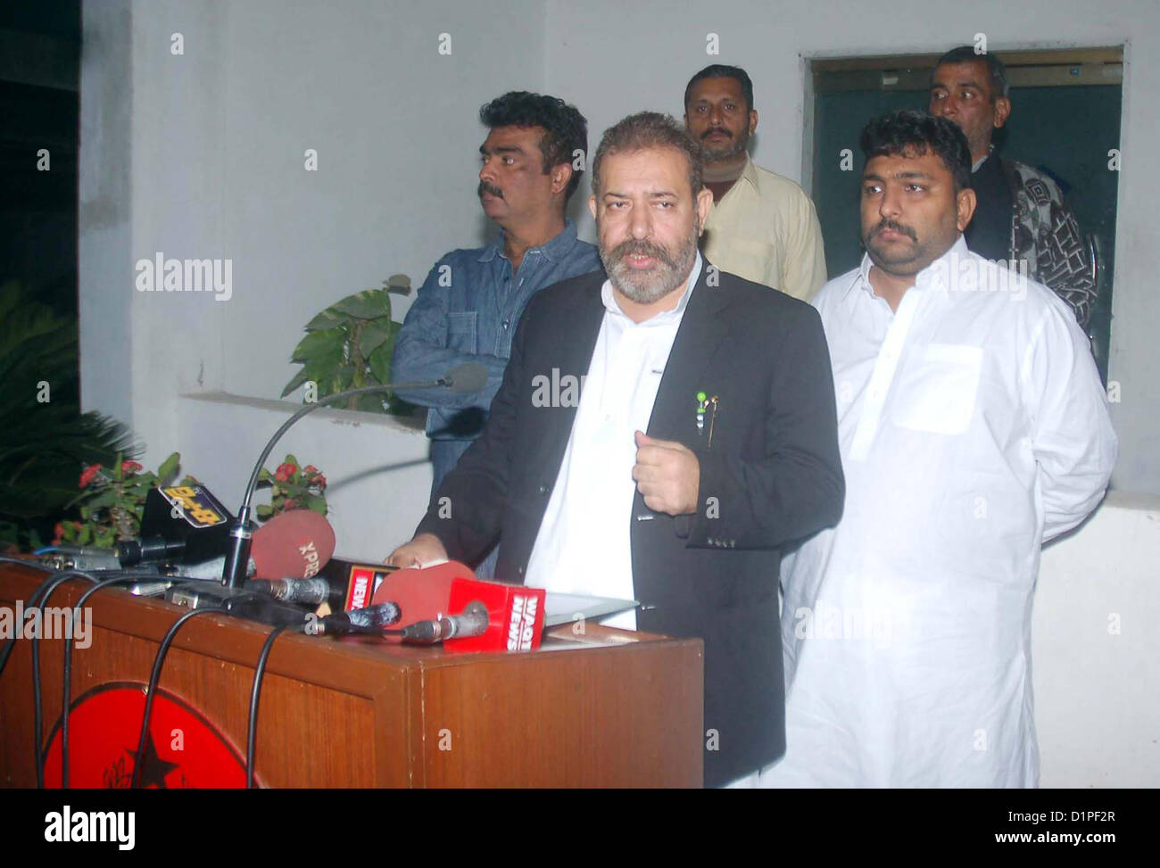 CID Police Officer, Chaudhry Aslam Khan addresses to  media persons during a press conference after targeted raids in different areas, to show media  persons during press conference at Garden Police Headquarter in Karachi on Wednesday,  January 02, 2013. These arrestees were in involved in sectarian target killing. CID officials  recovered 02 Kalashnikov, 05 Hand Grenade, 11 Pistols, 02 Tripple-2 Riffles, 01 Repeater  Riffles and different types of bullets Stock Photo