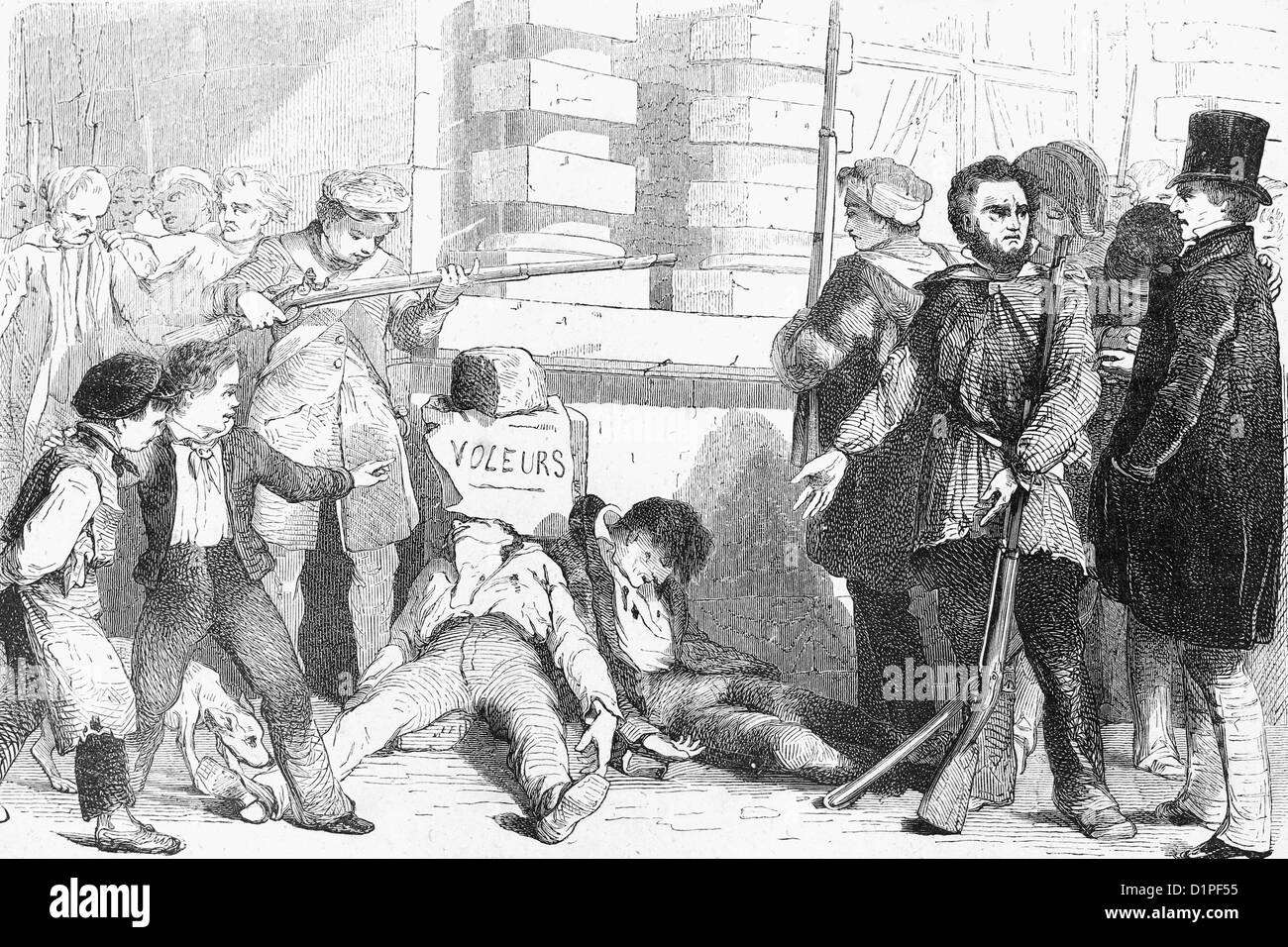French revolution, 1830. The people punishes thieves. Antique illustration, 1856. Stock Photo