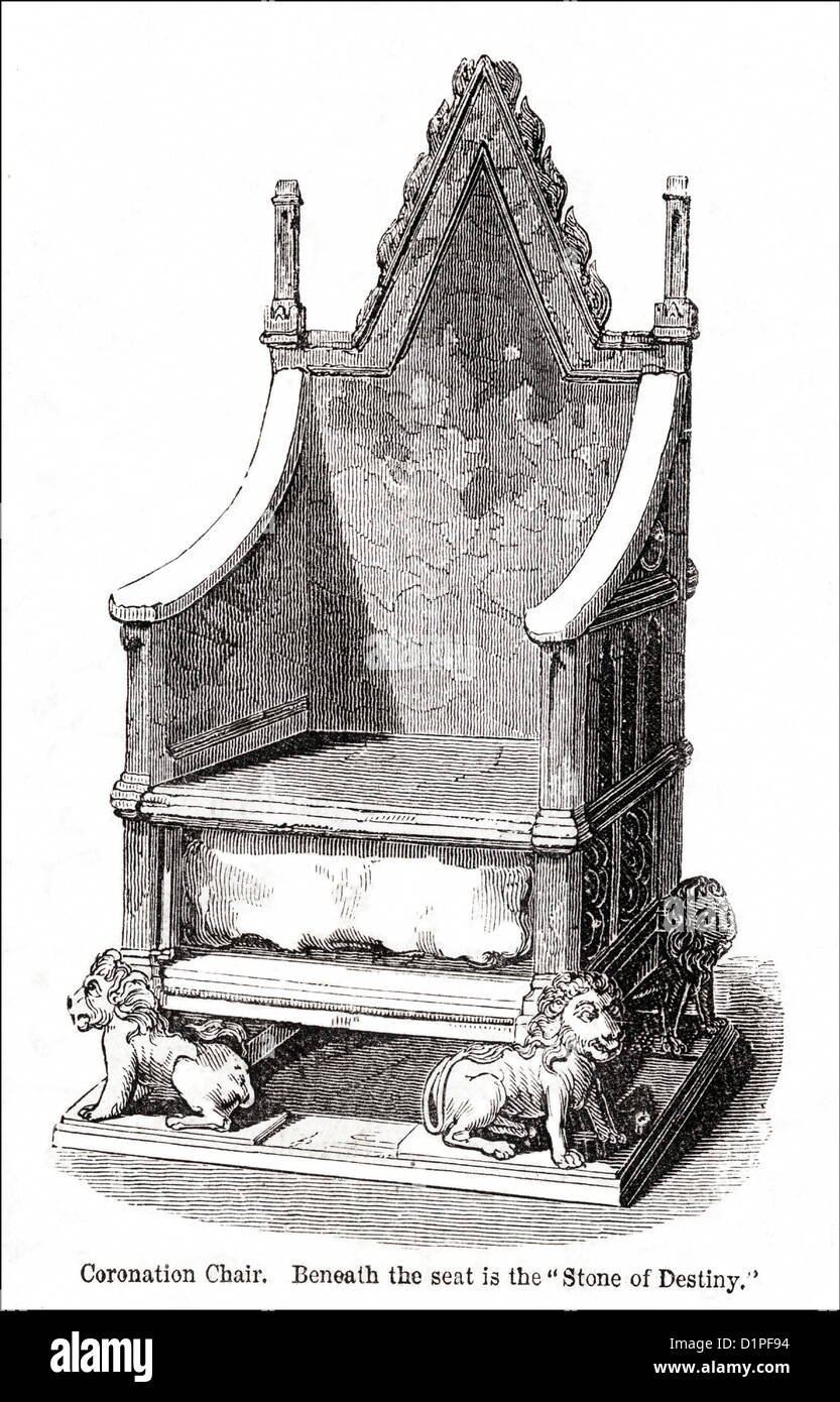 Coronation Chair with Stone of Destiny Westminster Abbey London England UK. Victorian woodcut engraving circa 1845. Stock Photo