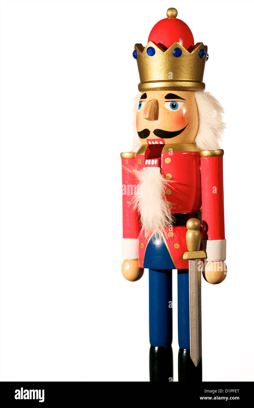 Wooden Nutcracker soldier Christmas decoration with mouth open. Stock Photo