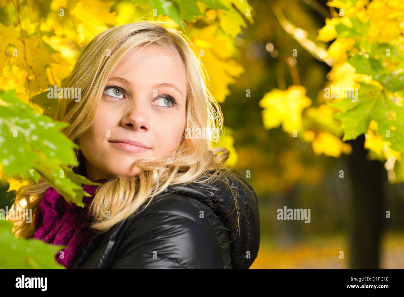 Beautiful girl face poses on a park, autumn color leaves on the background, horizon format Stock Photo
