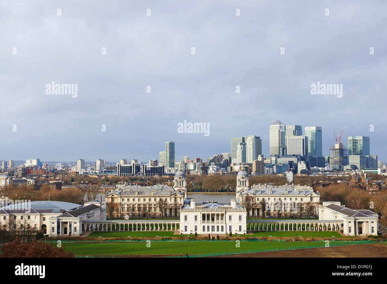 View towards the Queen's House with Canary Wharf in the background Greenwich London UK Stock Photo