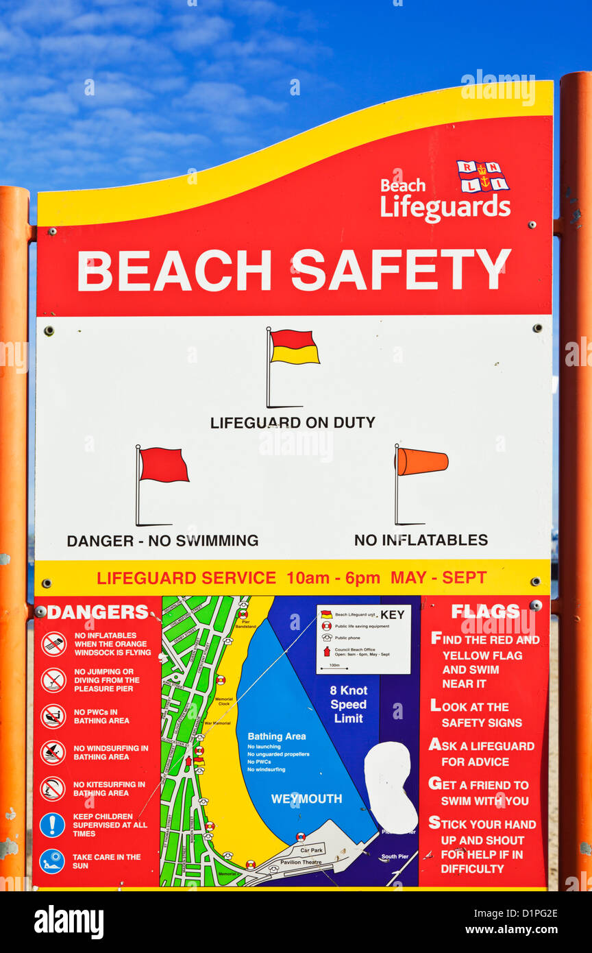 Beach safety warning rules sign Weymouth seafront Dorset England UK GB EU Europe Stock Photo