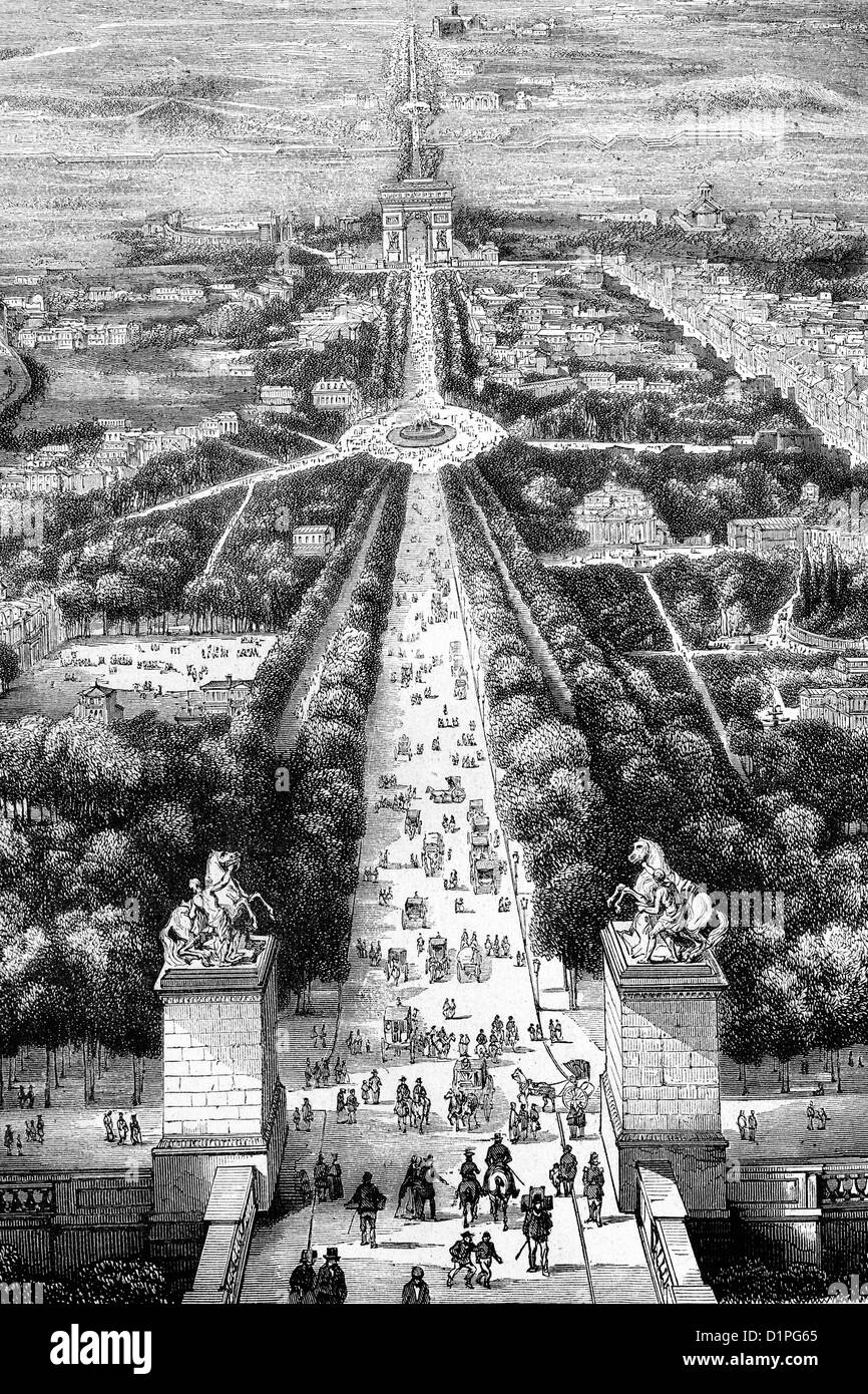 Champs Elisées avenue. Paris, France. Antique illustration, 1856. Stock Photo