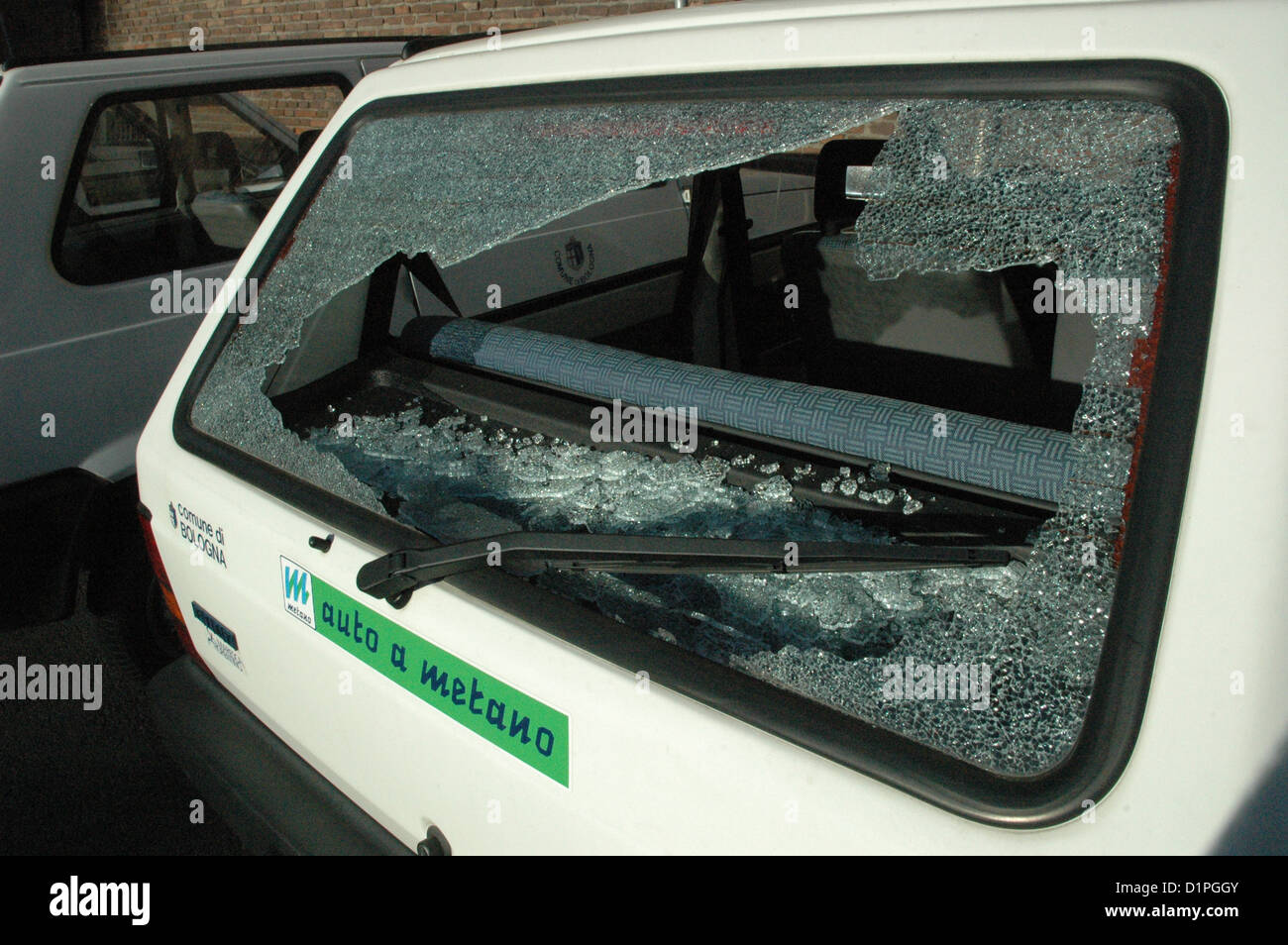 Bologna, Italy, broken car window Stock Photo