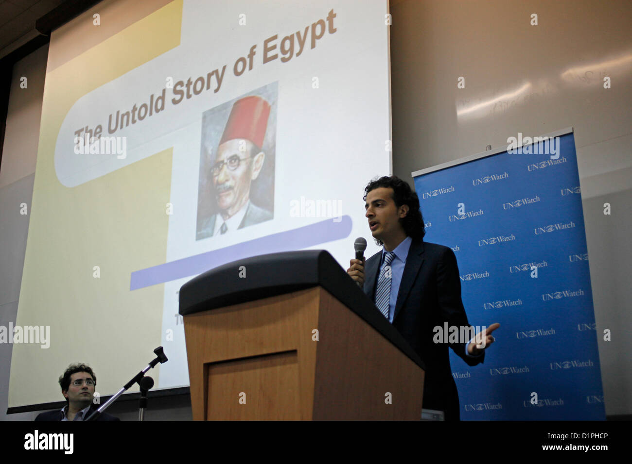 Maikel Nabil Sanad, an Egyptian blogger and political activist carrying a speech in Tel Aviv University on 02 January 2012. Maikel became famous in 2010 for refusing to serve in the Egyptian army, then in 2011 for his role in the Egyptian revolution. He is known for promoting liberal democratic values in Egypt, and campaigning for peaceful relations between Egypt and Israel. Stock Photo