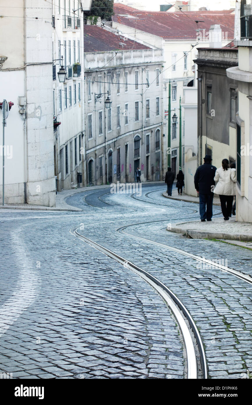 lisbon hill cobbles cobblestone chiado portugal Stock Photo