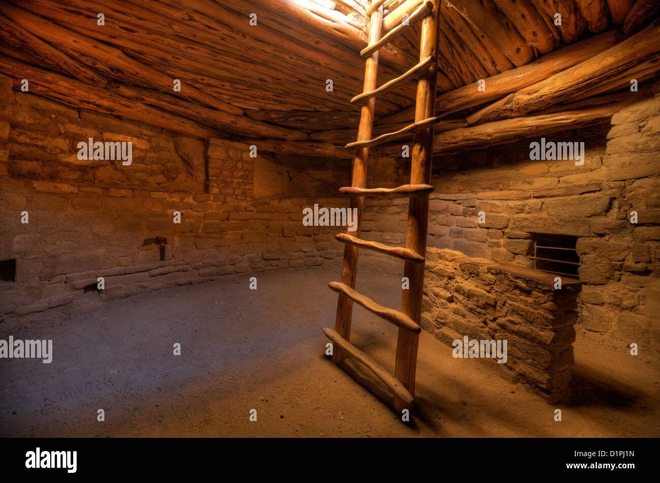 The interior of a kiva -- the only one in the Park that the public is allowed to enter -- at Mesa Verde National Park, Colorado. Stock Photo
