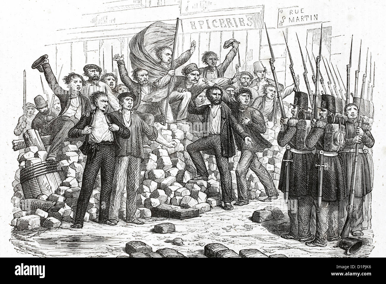 French revolution, the barricades. 1830. Antique illustration, 1855