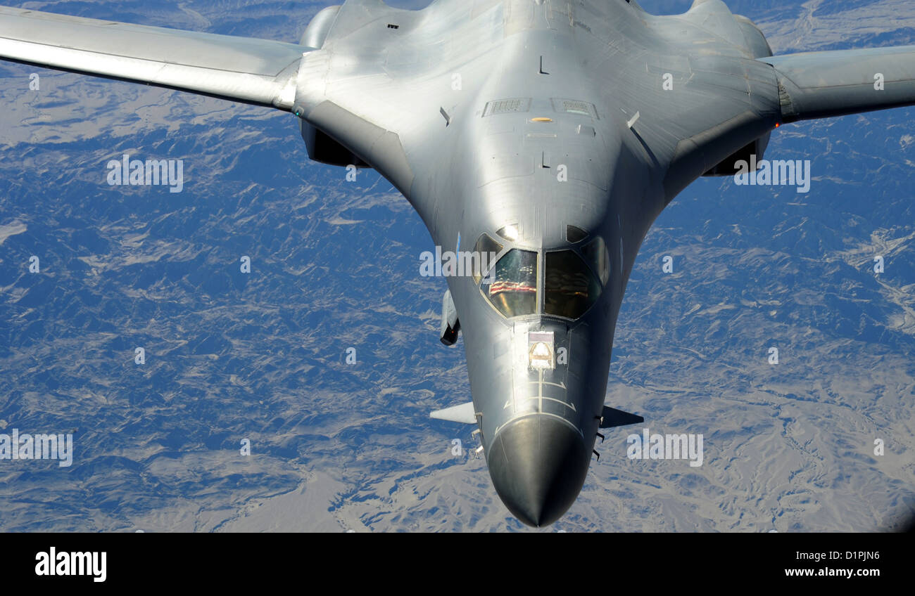 A B-1B Lancer, deployed from Ellsworth Air Force Base, S.D. prepares to be refueled over Afghanistan, Dec. 22. Stock Photo