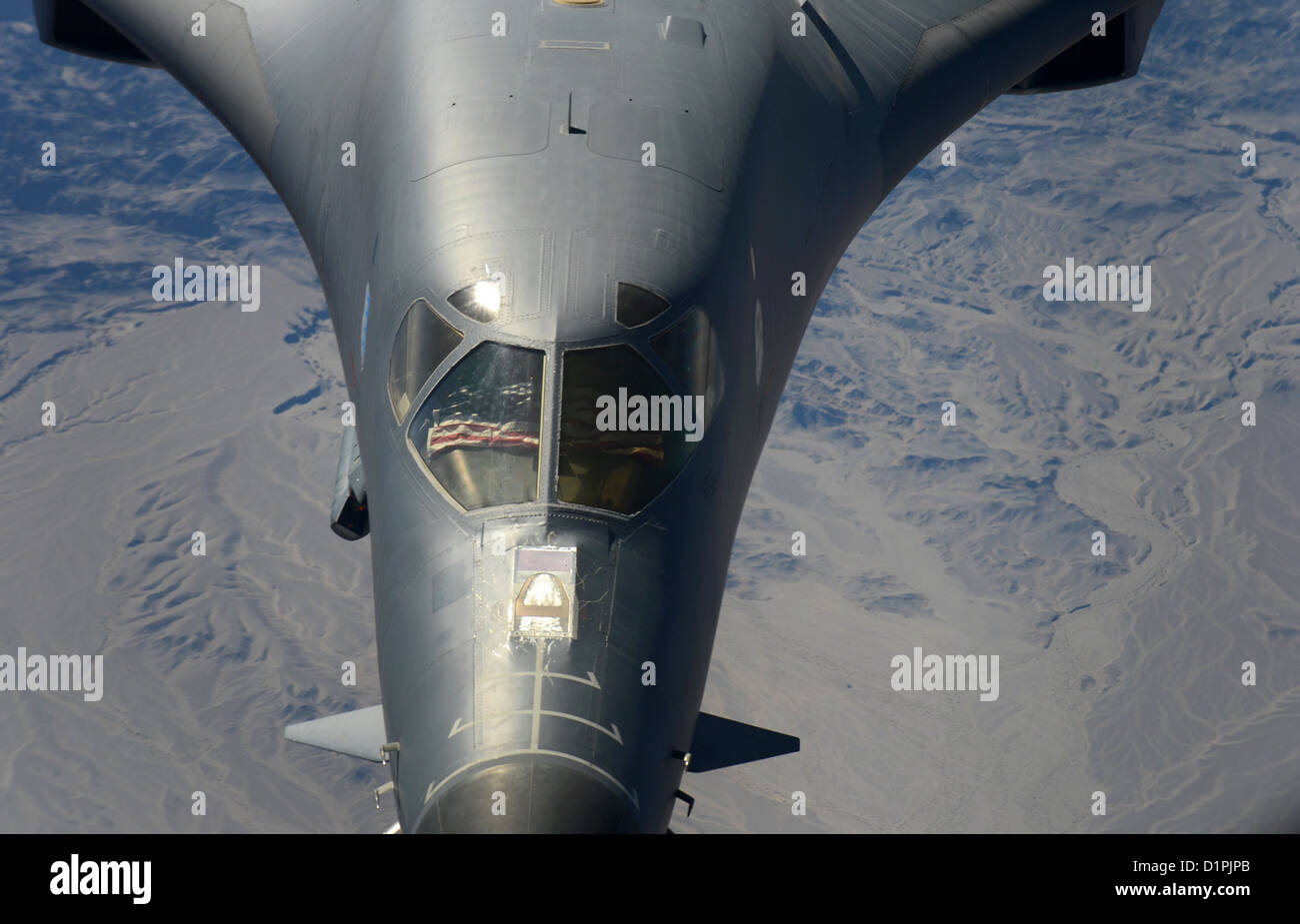 A B-1B Lancer, deployed from Ellsworth Air Force Base, S.D., prepares to be refueled over Afghanistan, Dec. 22. Stock Photo