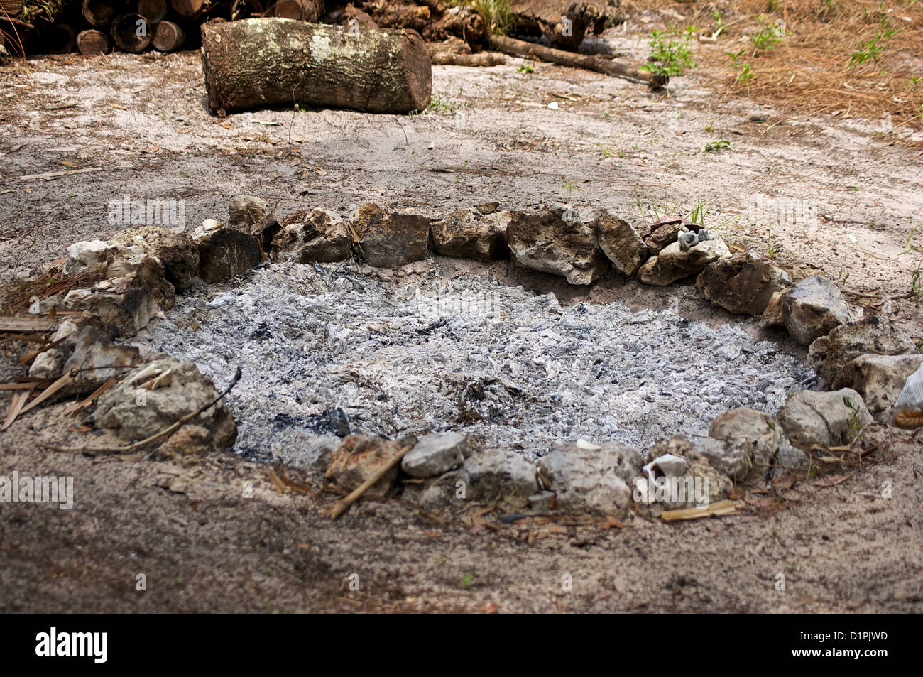A round fire pit made up of stones and seashells is filled with ash