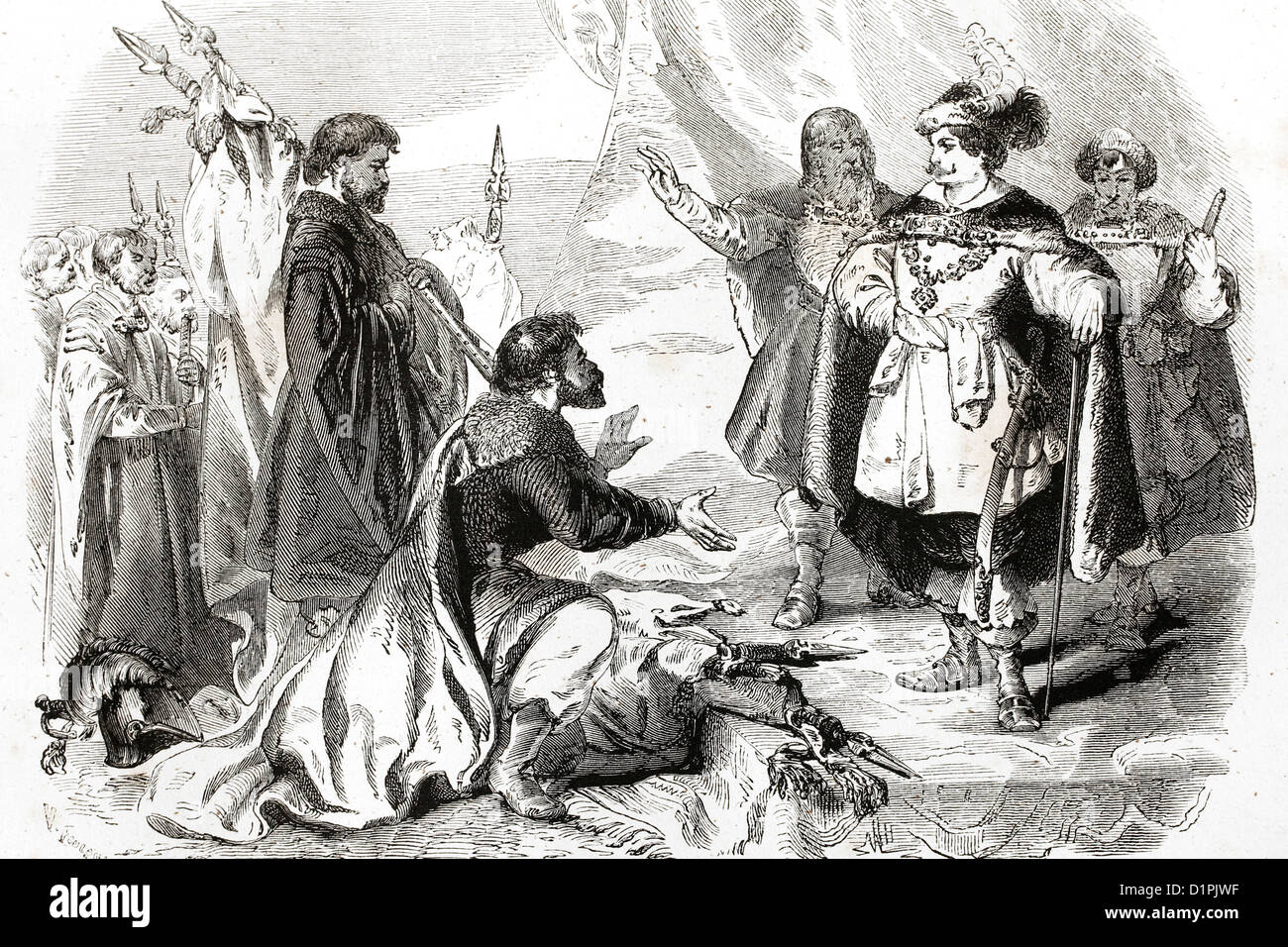 The Boyars offers the Russian crown to Vladislav of Poland. Antique illustration, 1855. Stock Photo