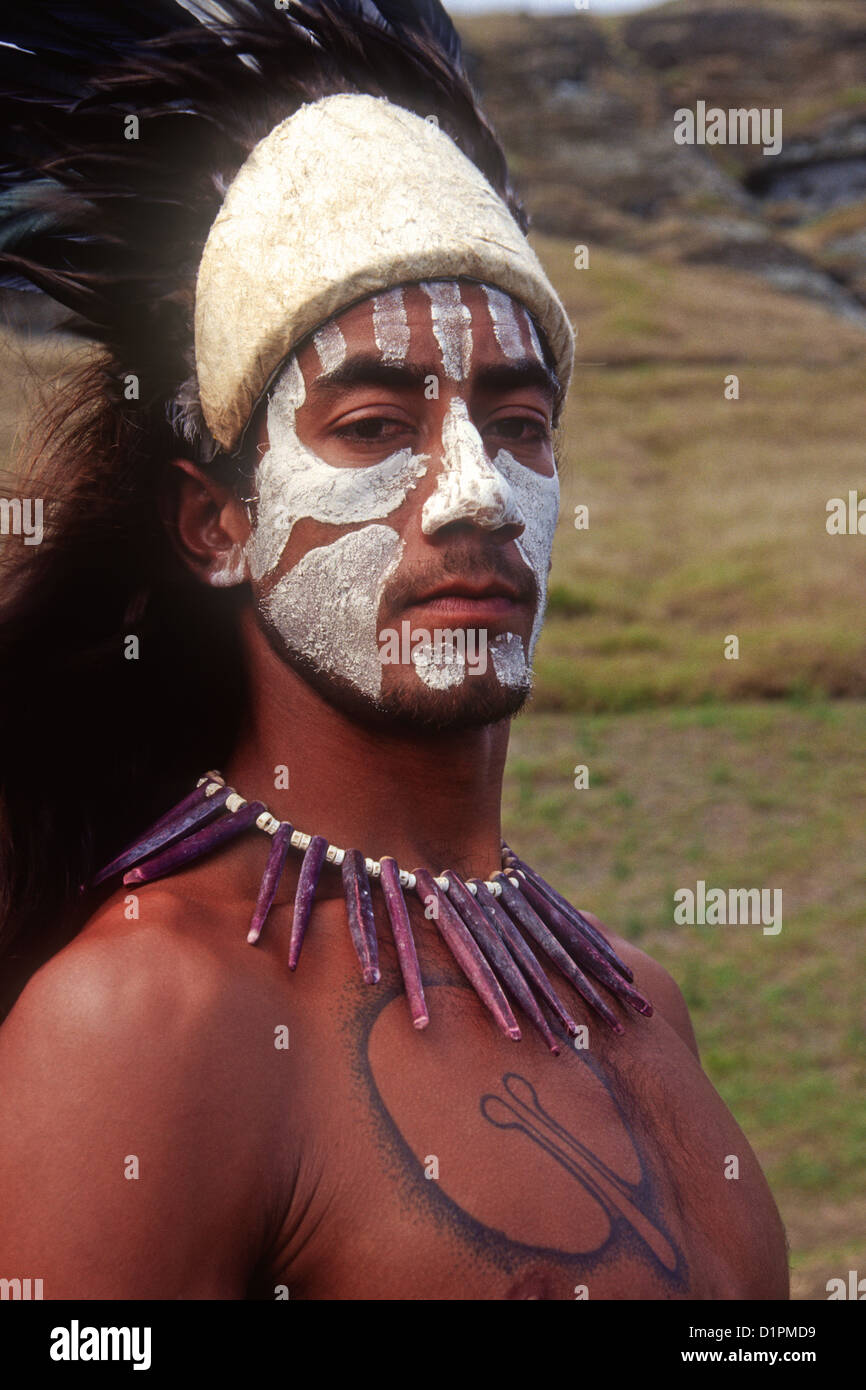 Rapanui man in traditional dress, Easter Island, Chile Stock Photo