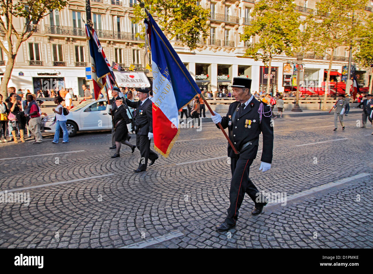 Parade of the Paris Fire Brigade - French Brigade des Sapeurs-Pompiers de Paris on Champs-Élysées and at Arc de Triomphe Stock Photo