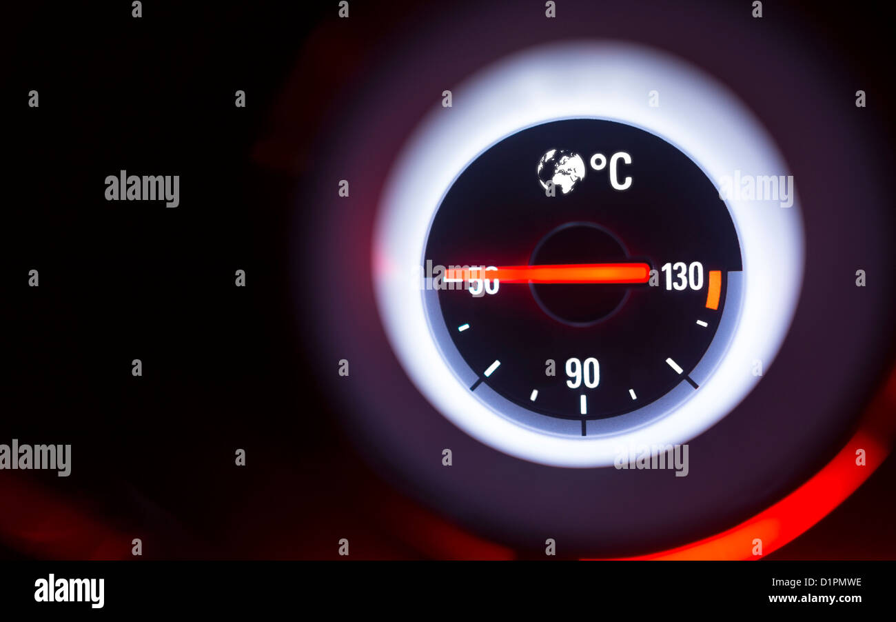 Close up of an earth temperature gauge at 50 degrees centigrade. Stock Photo