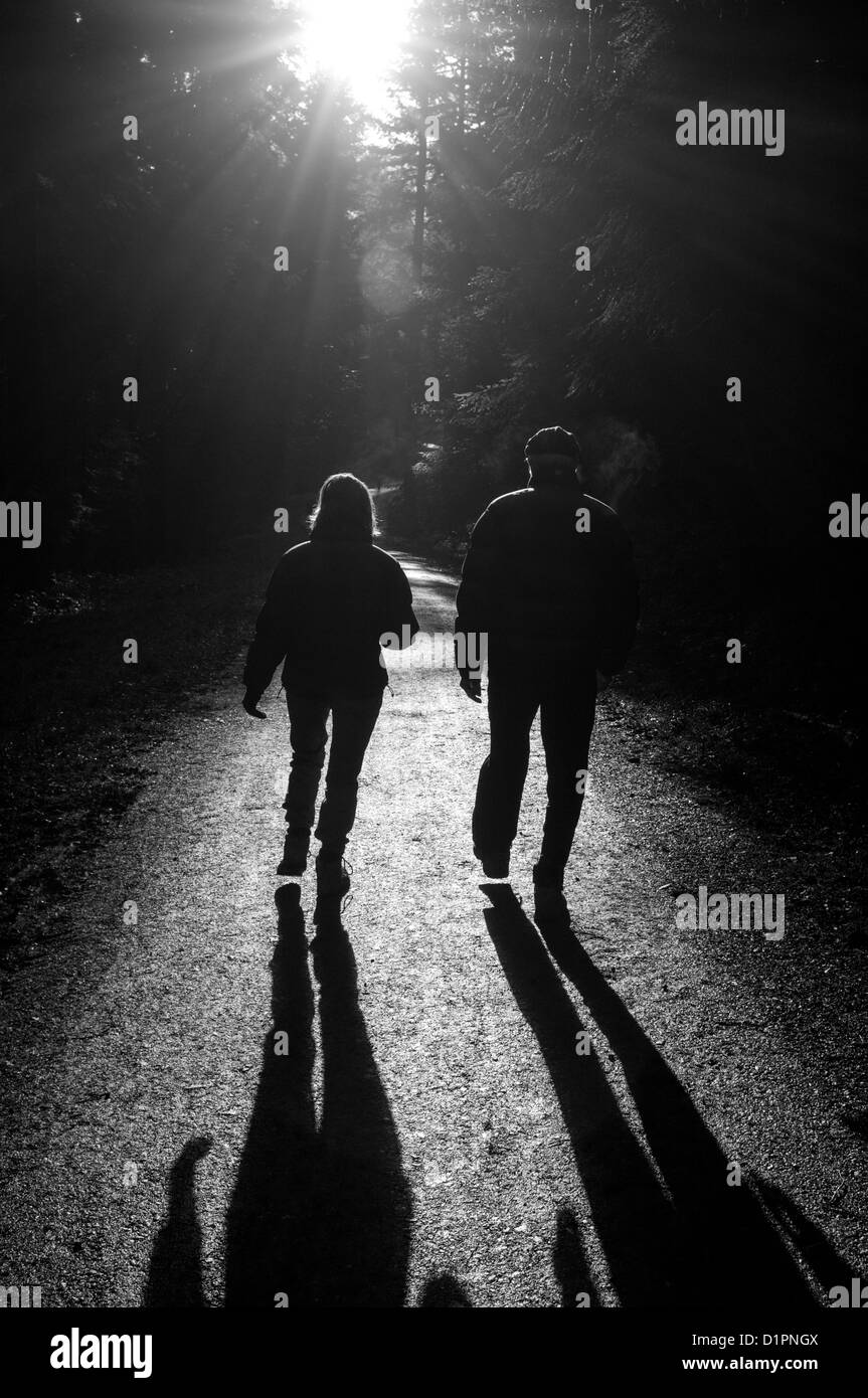 Couple walking in forest late winter afternoon light, England UK Stock ...