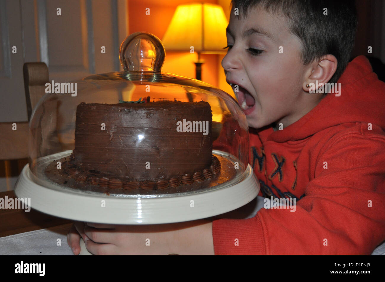 young lad really wants another  piece of chocolate cake Stock Photo